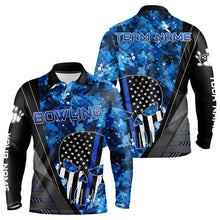 Load image into Gallery viewer, Black and White American Flag Skull Blue Camo Bowling Shirts For Men Custom Team Bowling Jerseys NQS9654