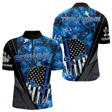 Load image into Gallery viewer, Black and White American Flag Skull Blue Camo Bowling Shirts For Men Custom Team Bowling Jerseys NQS9654