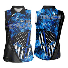 Load image into Gallery viewer, Black and White American Flag Skull Blue Camo Bowling Sleeveless Polos Custom Team Bowling Jerseys NQS9654