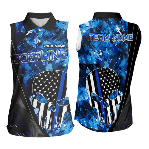 Black and White American Flag Skull Blue Camo Bowling Sleeveless Polos Custom Team Bowling Jerseys NQS9654