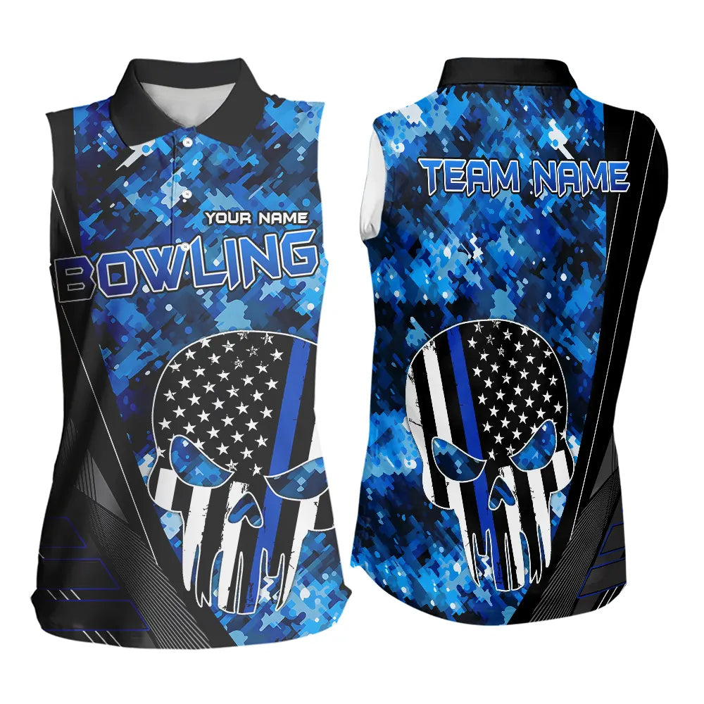 Black and White American Flag Skull Blue Camo Bowling Sleeveless Polos Custom Team Bowling Jerseys NQS9654