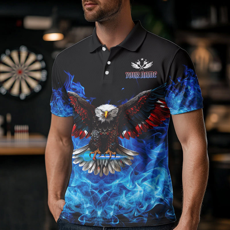 Blue Flame Smoke American Flag Eagle Skull Darts Polo, 1/4 Zip Shirts For Men Custom Darts Team Jersey NQS9658