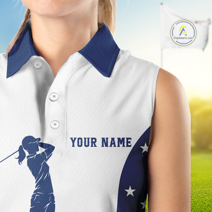 Red, White and Blue American Flag Sleeveless Golf polo shirt custom patriotic ladies golf outfit NQS11728