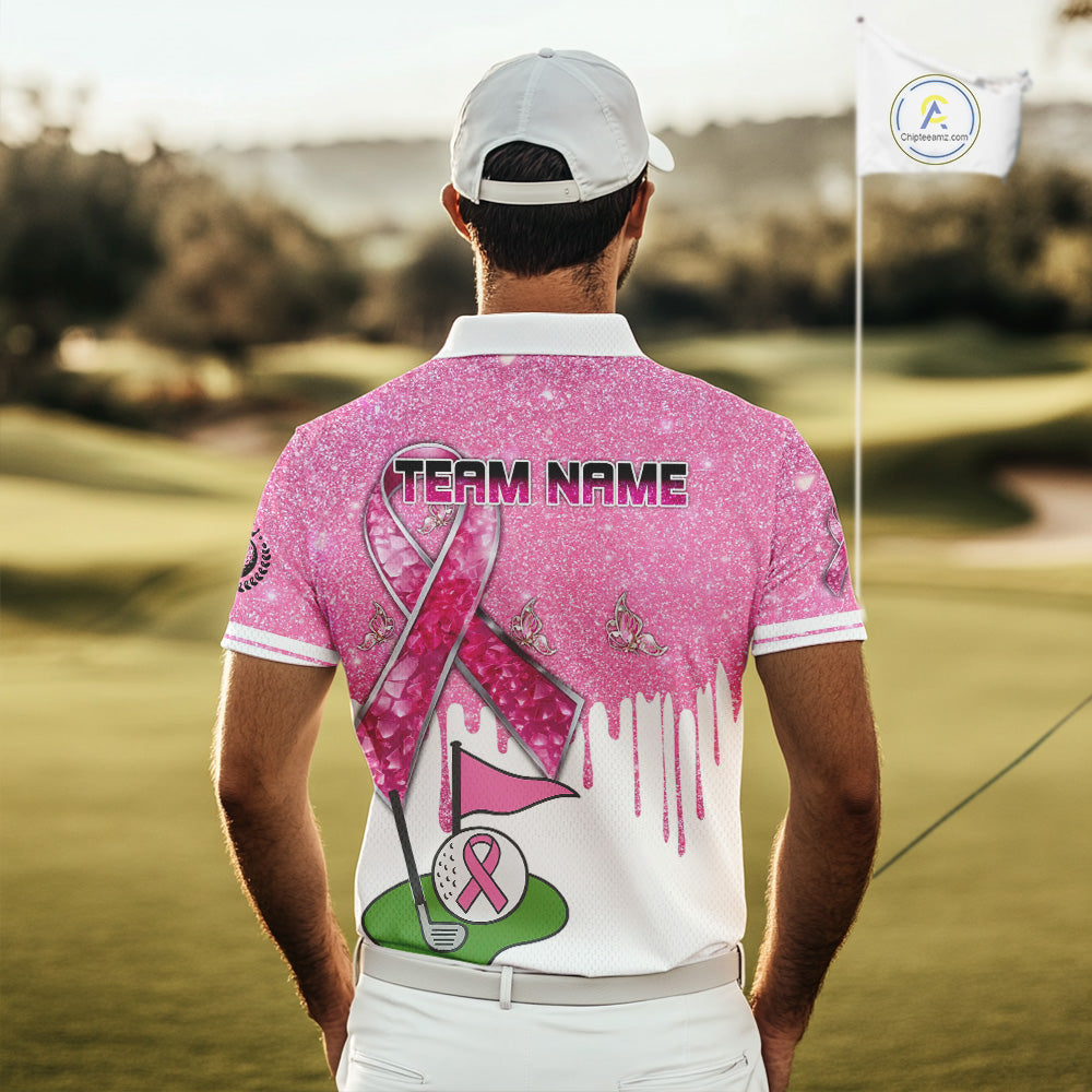 Pink ribbon glitter Golf Polo Shirts For Men Custom team golf jerseys, breast cancer golf shirts NQS9882