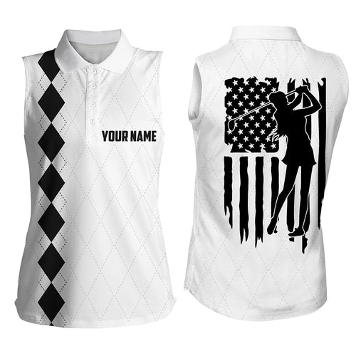 Womens Sleeveless polo shirt black and white American flag patriotic golf shirts custom golf gifts NQS7788