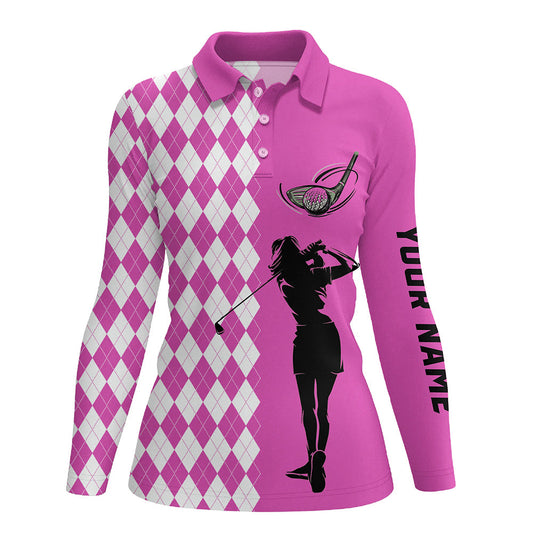 Personalized white argyle plaid pattern Womens golf polo shirts, custom Pink golf apparel for ladies NQS7790