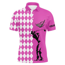 Load image into Gallery viewer, Personalized white argyle plaid pattern Mens golf polo shirts, custom Pink golf tops for mens NQS7790