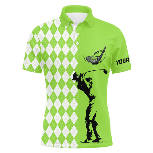 Personalized white argyle plaid pattern Mens golf polo shirts, custom Green golf tops for mens NQS7791