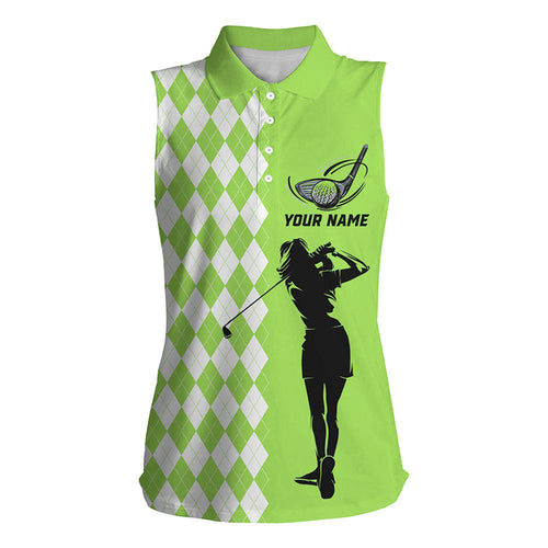 Personalized white argyle plaid pattern Women sleeveless golf polo shirts, Green golf tops for ladies NQS7791