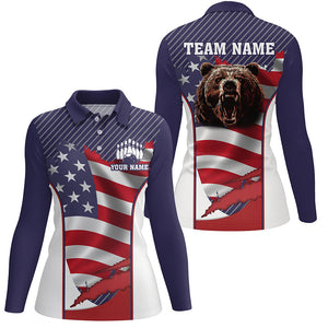 American flag Bowling Bear Bowling Polo, Quarter Zip shirts for women custom team bear bowling jerseys NQS7792