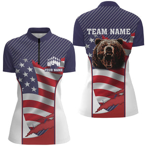 American flag Bowling Bear Bowling Polo, Quarter Zip shirts for women custom team bear bowling jerseys NQS7792