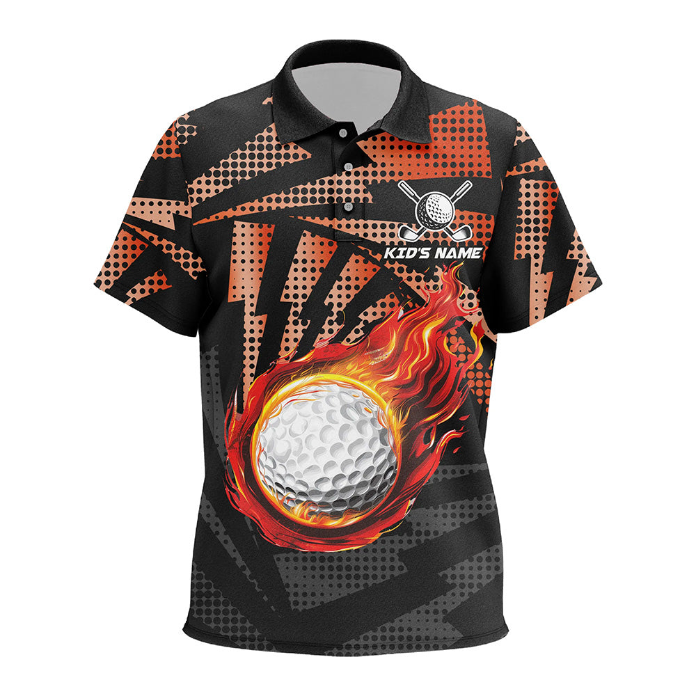 Black Orange camo flame golf ball Kid golf polo shirts custom golf outfits for Kid, best golf gifts NQS8021