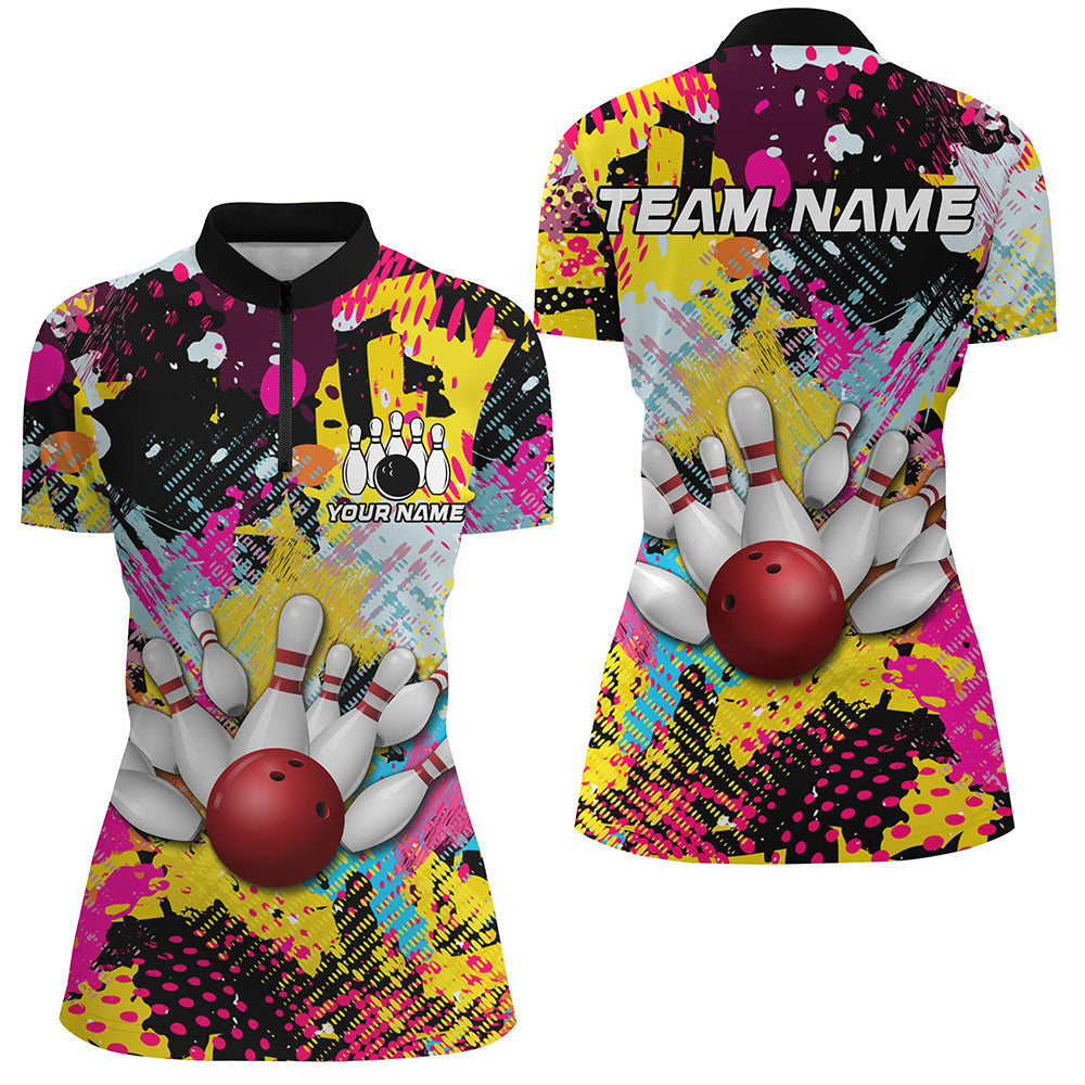 Colorful bowling jerseys Bowling Polo, 1/4 Zip Shirt for Women Custom Bowling Team shirts for bowlers NQS8023
