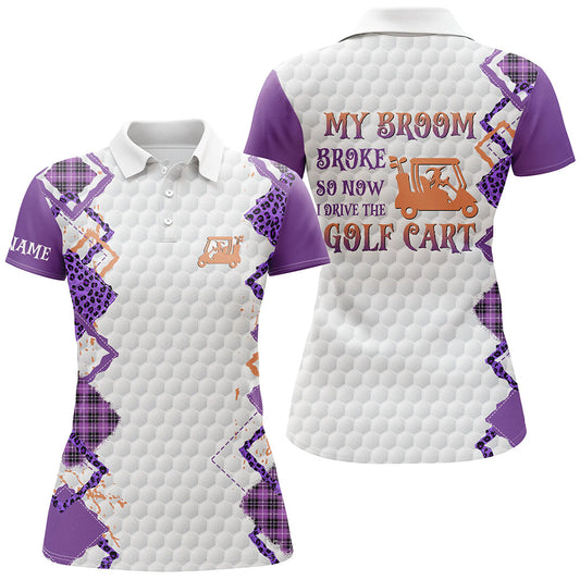 Funny Halloween Leopard Womens golf polo shirts Custom My broom broke so now I drive the golf cart NQS8214