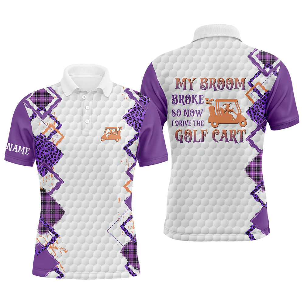 Funny Halloween Leopard Mens Golf Polo Shirts Custom My broom broke so now I drive the golf cart NQS8214