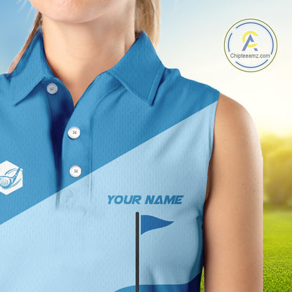 Women Sleeveless golf polo shirts custom blue and white golf apparel for ladies, golfing gifts NQS10409