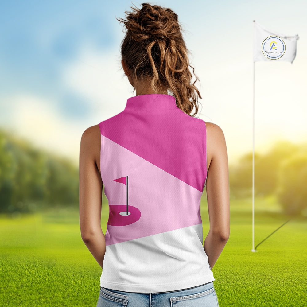 Women Sleeveless golf polo shirts custom pink and white golf apparel for ladies, golfing gifts NQS10410