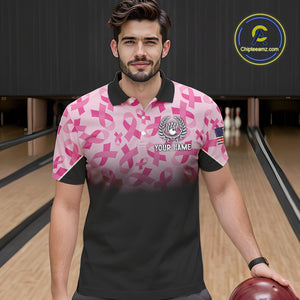 Pink ribbon pattern Men bowling shirt Custom American flag patriotic breast cancer bowling team shirt NQS10411