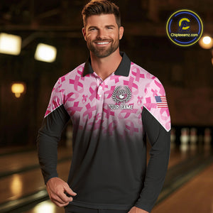 Pink ribbon pattern Men bowling shirt Custom American flag patriotic breast cancer bowling team shirt NQS10411