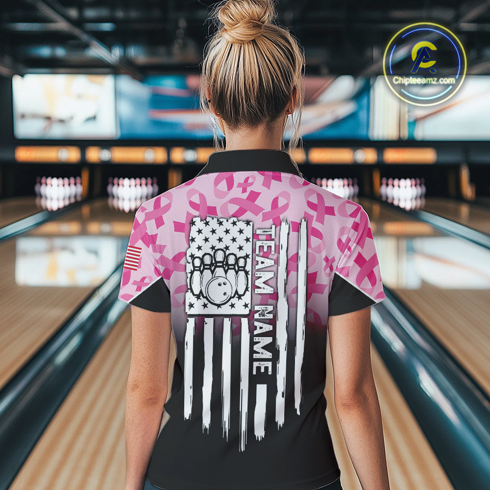 Pink ribbon pattern Women bowling shirt Custom American flag patriotic breast cancer bowling jersey NQS10411