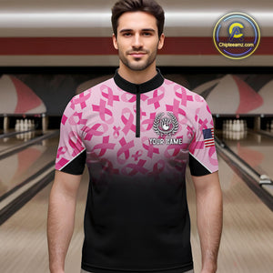 Pink ribbon pattern Men bowling shirt Custom American flag patriotic breast cancer bowling team shirt NQS10411