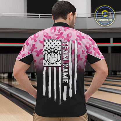 Pink ribbon pattern Men bowling shirt Custom American flag patriotic breast cancer bowling team shirt NQS10411