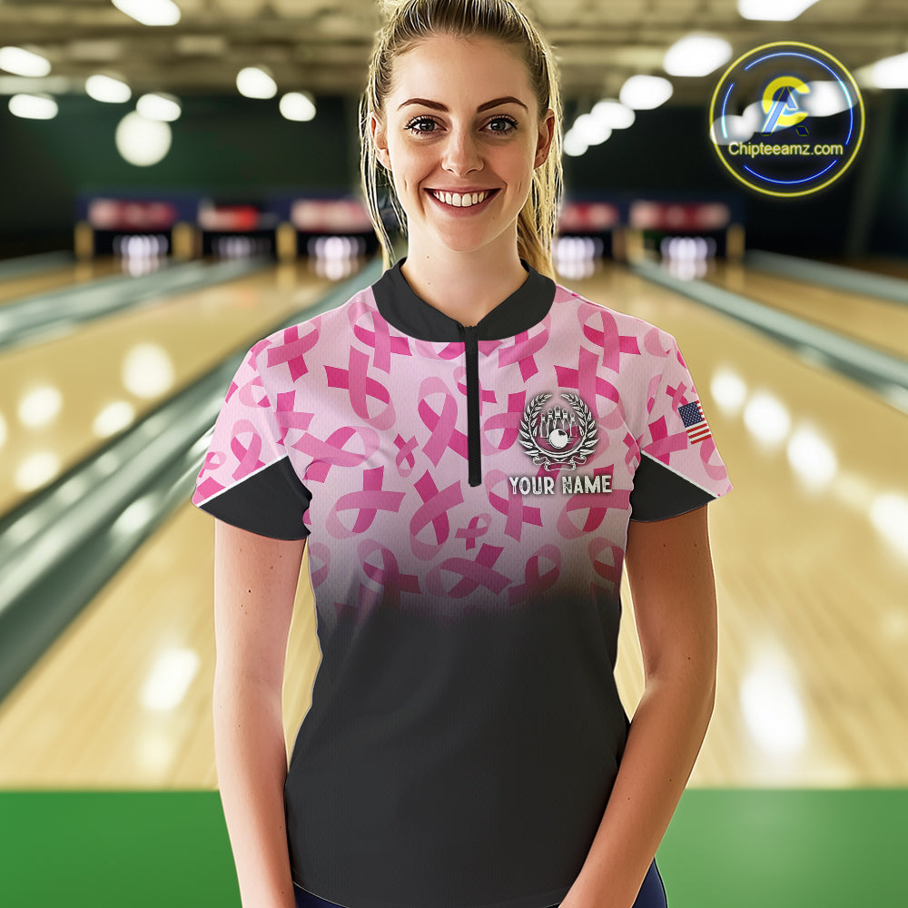 Pink ribbon pattern Women bowling shirt Custom American flag patriotic breast cancer bowling jersey NQS10411
