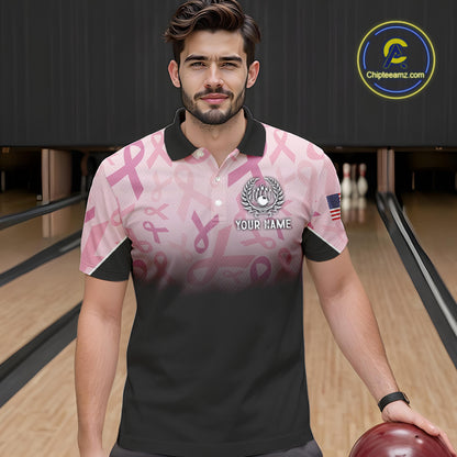 Mens bowling shirt Custom American flag patriotic Pink ribbon breast cancer bowling team jersey NQS10412