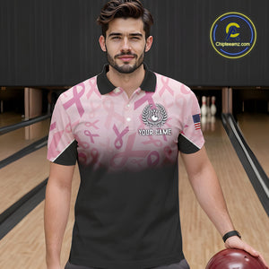 Mens bowling shirt Custom American flag patriotic Pink ribbon breast cancer bowling team jersey NQS10412