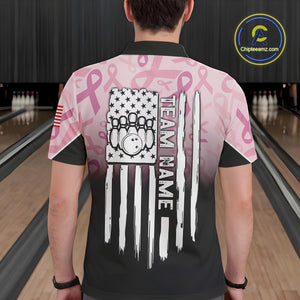 Mens bowling shirt Custom American flag patriotic Pink ribbon breast cancer bowling team jersey NQS10412