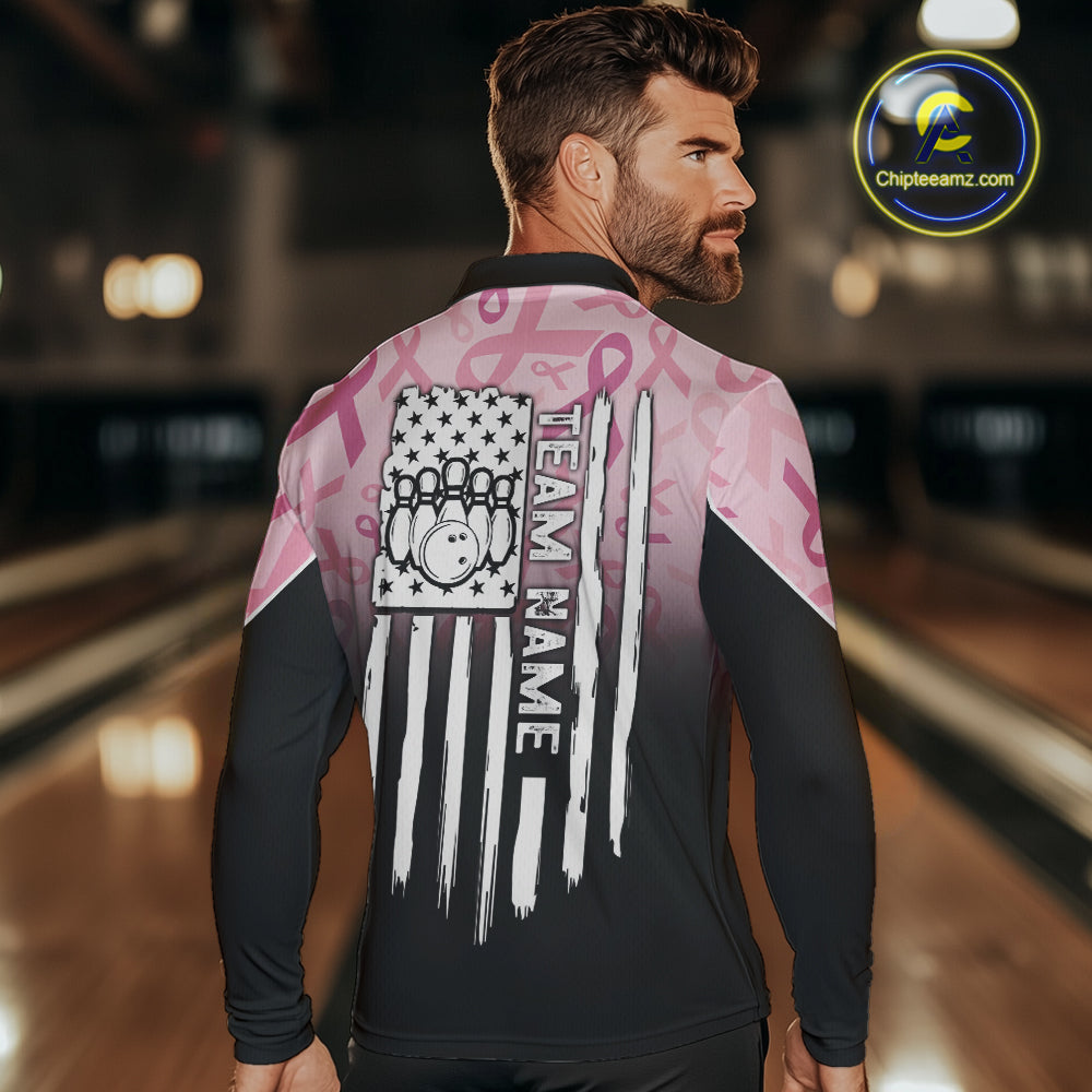 Mens bowling shirt Custom American flag patriotic Pink ribbon breast cancer bowling team jersey NQS10412