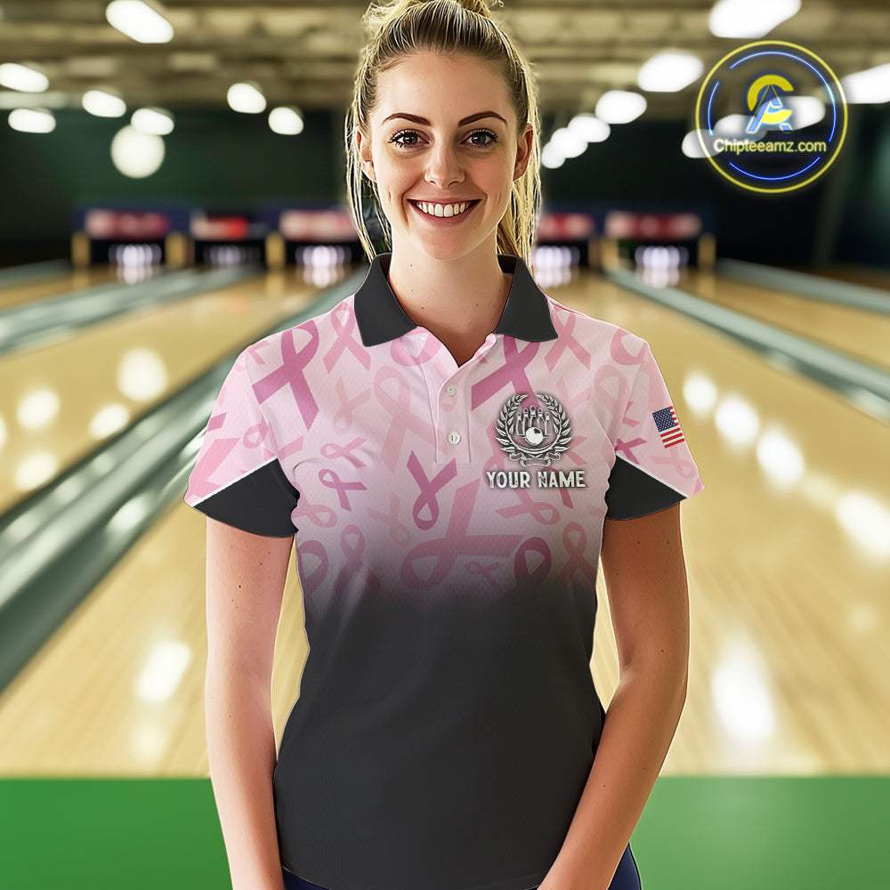 Womens bowling shirt Custom American flag patriotic Pink ribbon breast cancer bowling team jersey NQS10412