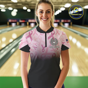 Womens bowling shirt Custom American flag patriotic Pink ribbon breast cancer bowling team jersey NQS10412