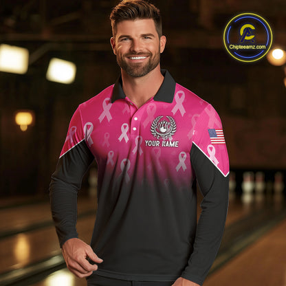 Custom American flag patriotic Pink ribbon breast cancer bowling shirt for men bowling team jersey NQS10413