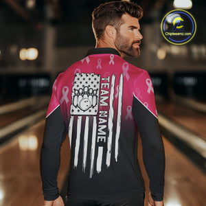 Custom American flag patriotic Pink ribbon breast cancer bowling shirt for men bowling team jersey NQS10413