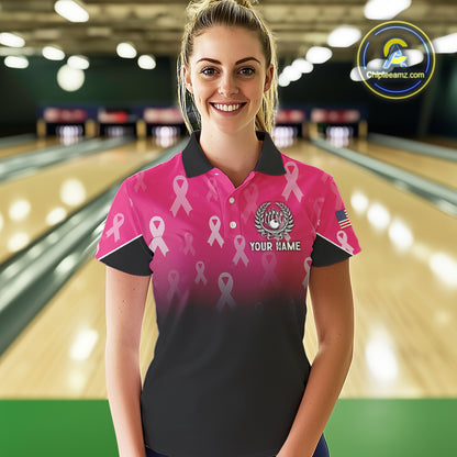 Custom American flag patriotic Pink ribbon breast cancer bowling shirt for Women bowling team jersey NQS10413