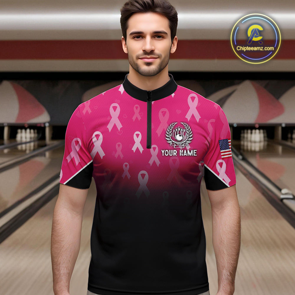 Custom American flag patriotic Pink ribbon breast cancer bowling shirt for men bowling team jersey NQS10413