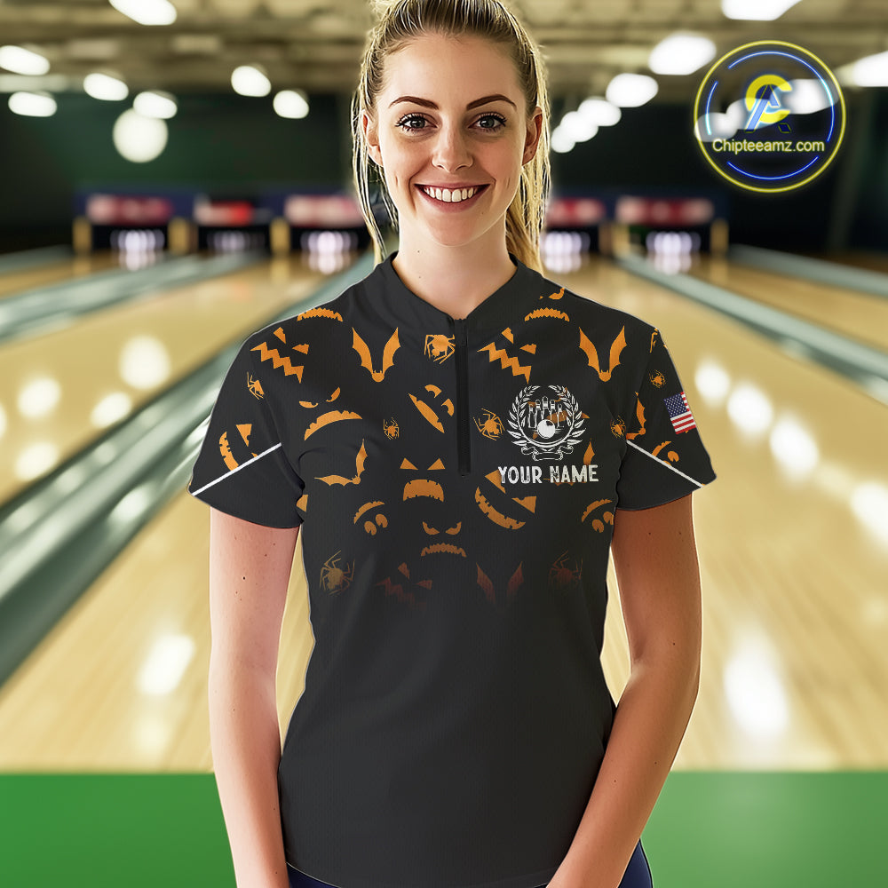 Custom American flag patriotic funny halloween pattern Bowling shirt for Women bowling team jersey NQS10414
