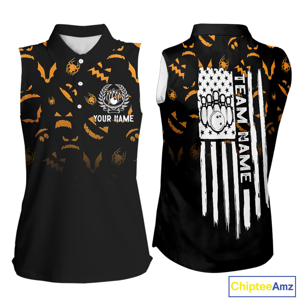 Custom American flag patriotic funny halloween pattern Bowling  Sleeveless polos bowling team jersey NQS10414