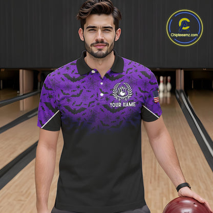 Purple Halloween pattern Custom American flag patriotic Bowling shirt for men, Bowling team jersey NQS10415