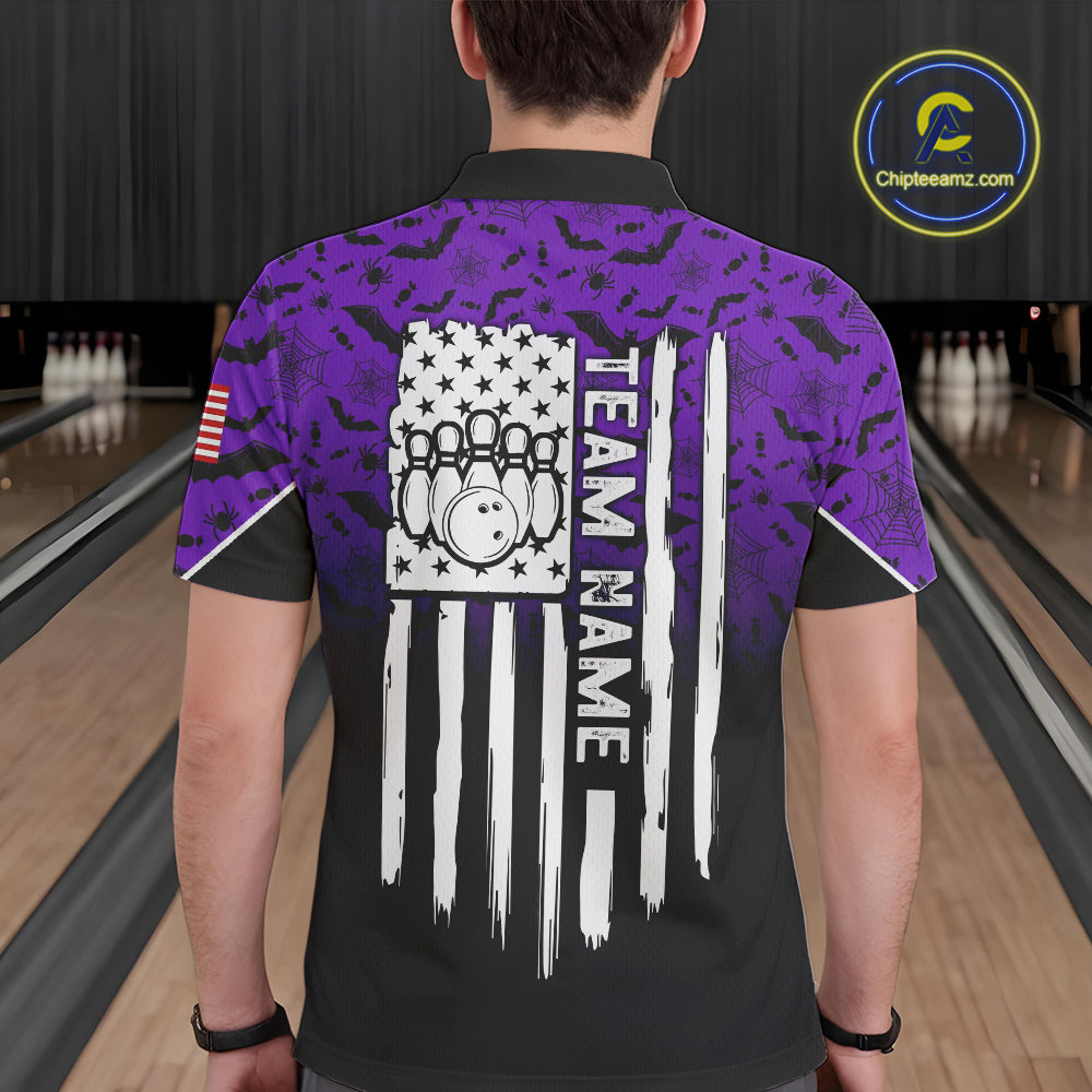 Purple Halloween pattern Custom American flag patriotic Bowling shirt for men, Bowling team jersey NQS10415