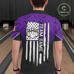 Purple Halloween pattern Custom American flag patriotic Bowling shirt for men, Bowling team jersey NQS10415