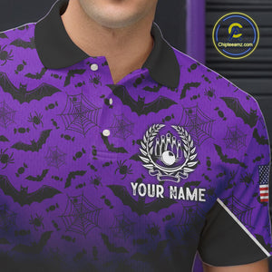 Purple Halloween pattern Custom American flag patriotic Bowling shirt for men, Bowling team jersey NQS10415