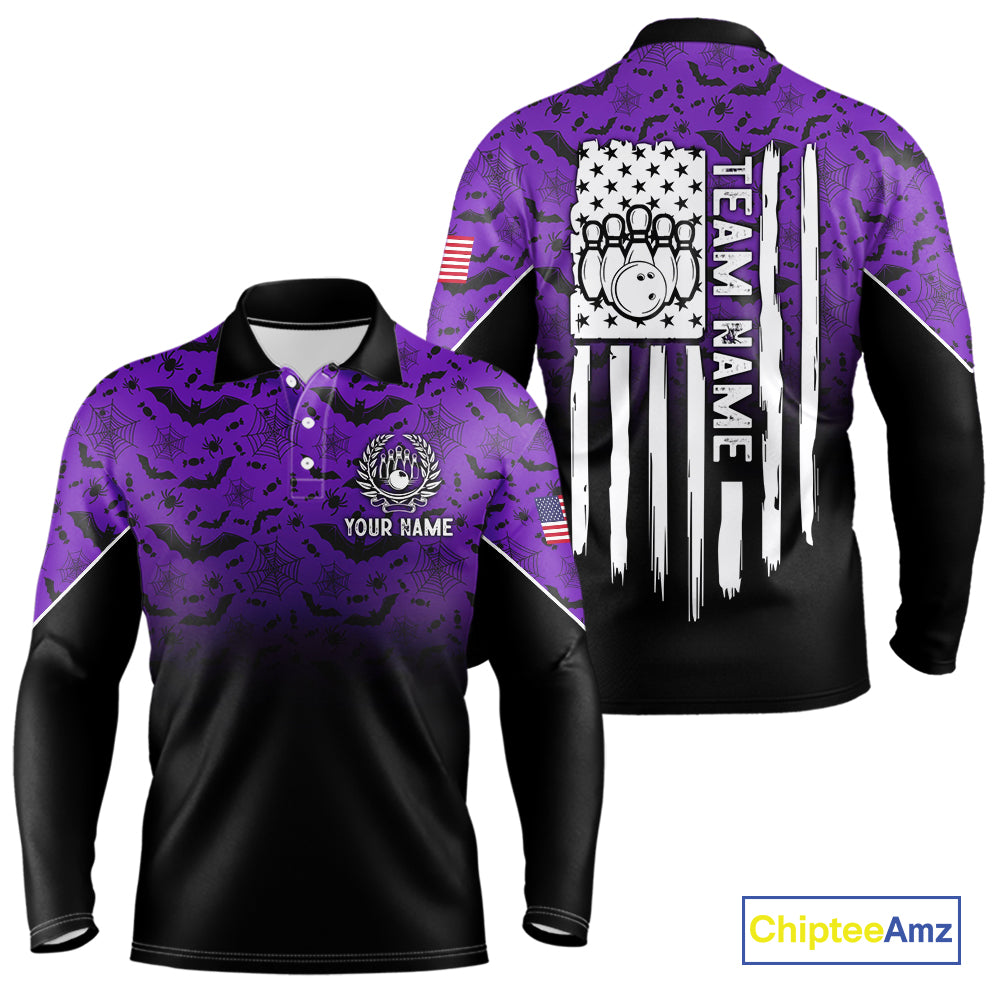 Purple Halloween pattern Custom American flag patriotic Bowling shirt for men, Bowling team jersey NQS10415