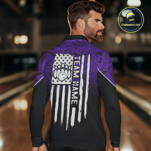 Purple Halloween pattern Custom American flag patriotic Bowling shirt for men, Bowling team jersey NQS10415