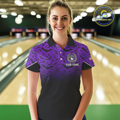 Purple Halloween pattern Custom American flag patriotic Bowling shirt for Women, Bowling team jersey NQS10415