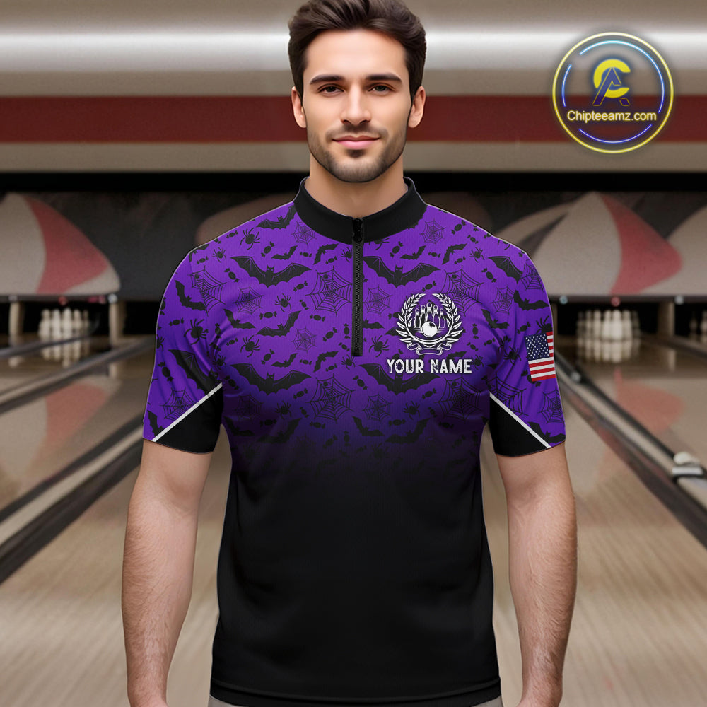Purple Halloween pattern Custom American flag patriotic Bowling shirt for men, Bowling team jersey NQS10415