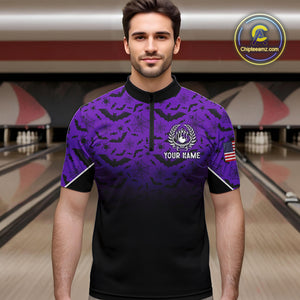 Purple Halloween pattern Custom American flag patriotic Bowling shirt for men, Bowling team jersey NQS10415