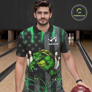 Black American flag Men's bowling shirts Custom Green lightning thunder Turtle Bowling Team Jerseys NQS10623