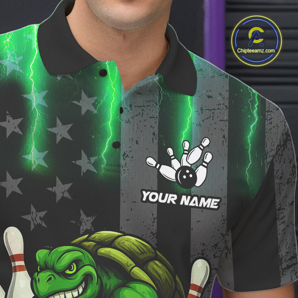 Black American flag Men's bowling shirts Custom Green lightning thunder Turtle Bowling Team Jerseys NQS10623
